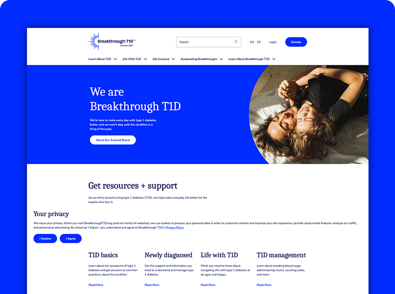 Screenshot of JDRF Canada homepage