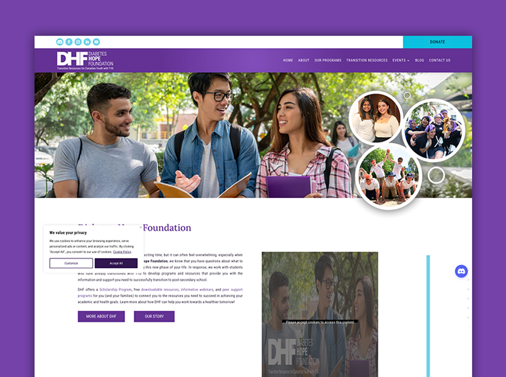 Capture d’écran de la page d’accueil de la Diabetes Hope Foundation
