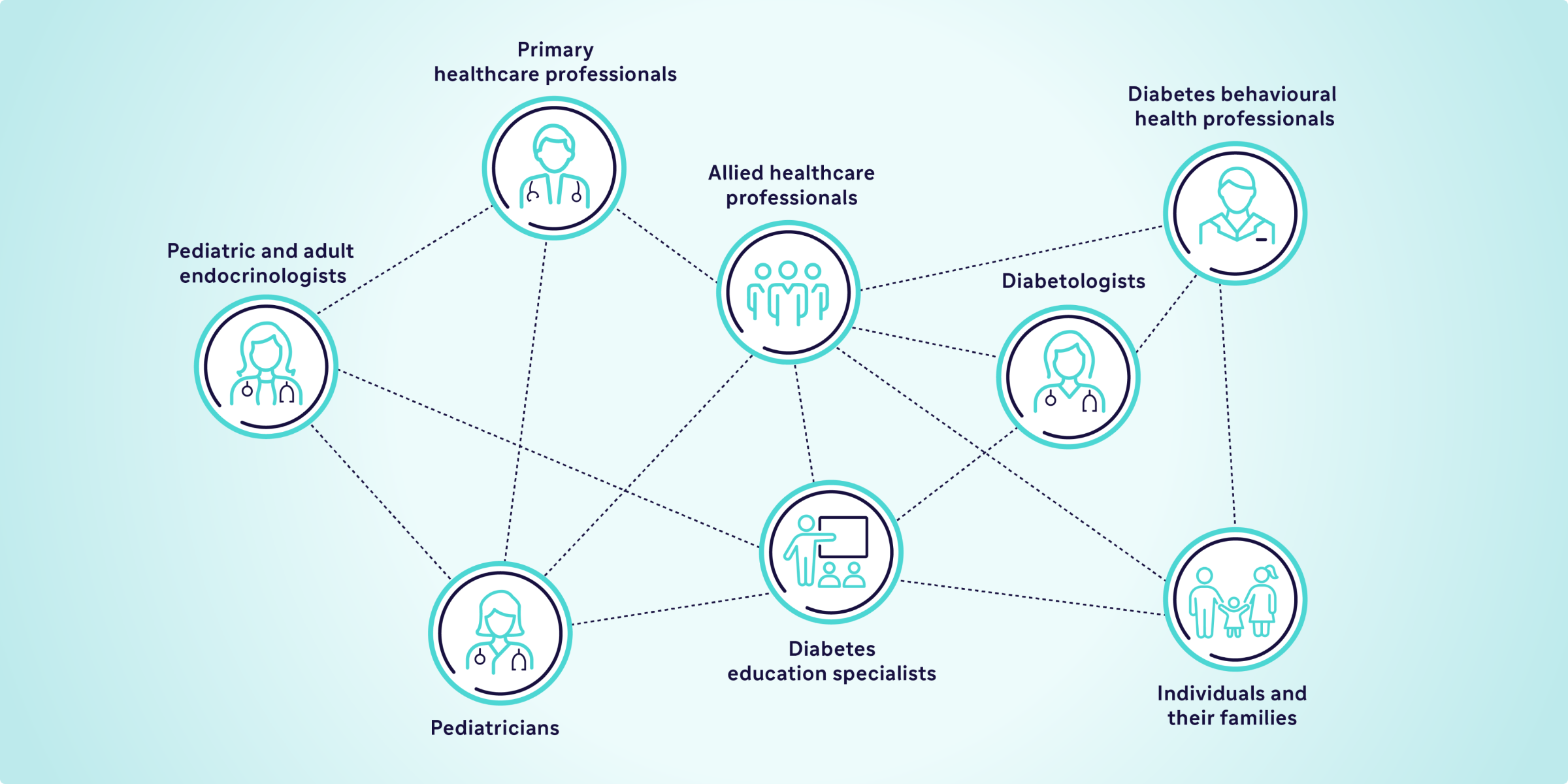 Primary healthcare professionals Pediatric and adult endocrinologists Diabetologists Diabetes behavioural health professionals Pediatricians Diabetes education specialists Allied healthcare professionals Individuals and their families